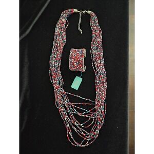 Spring Street Red White Blue Seed Bead Multi Strand Necklace & Cuff Bracelet Set